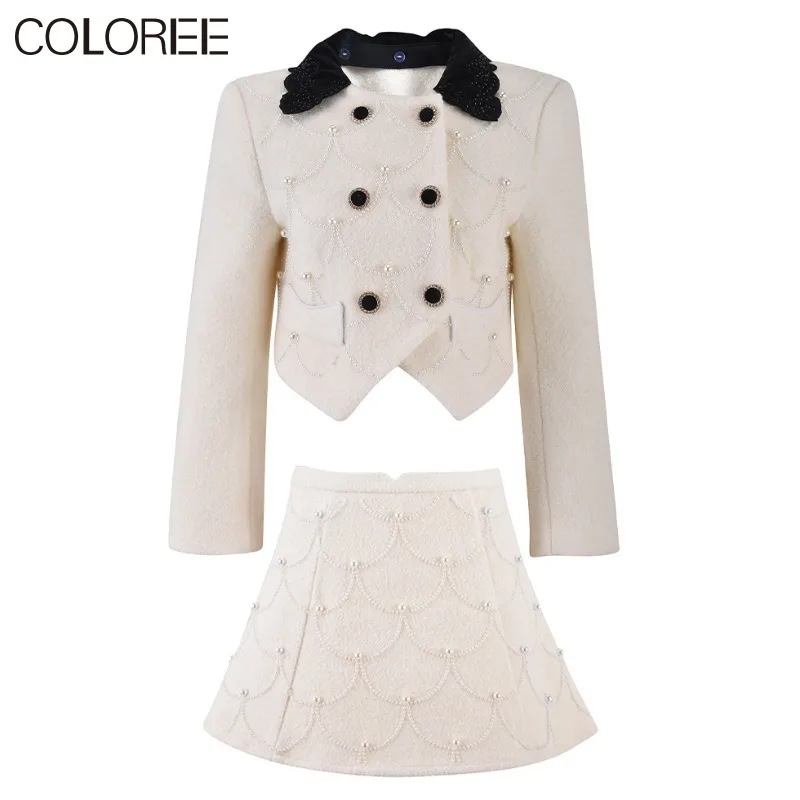 

Женский осенне-зимний комплект одежды, элегантный пиджак с бисером и мини-юбка в Корейском стиле, комплект из двух предметов, 2023