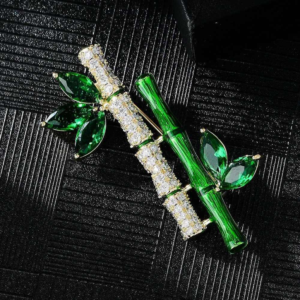 Elegant Retro Green Plant Imitation Emerald Bamboo Shape Brooch Pin for Women Brooches Suit Collar Dress Accessories Jewelry