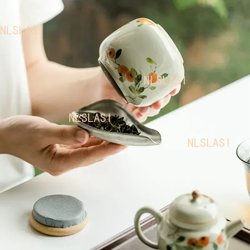 1pc Chinese Ceramic Tea Caddy Hand-painted Persimmon Tea Jar Travel Tea Bag Storage Box Sealed Container Storage Tank Teaware