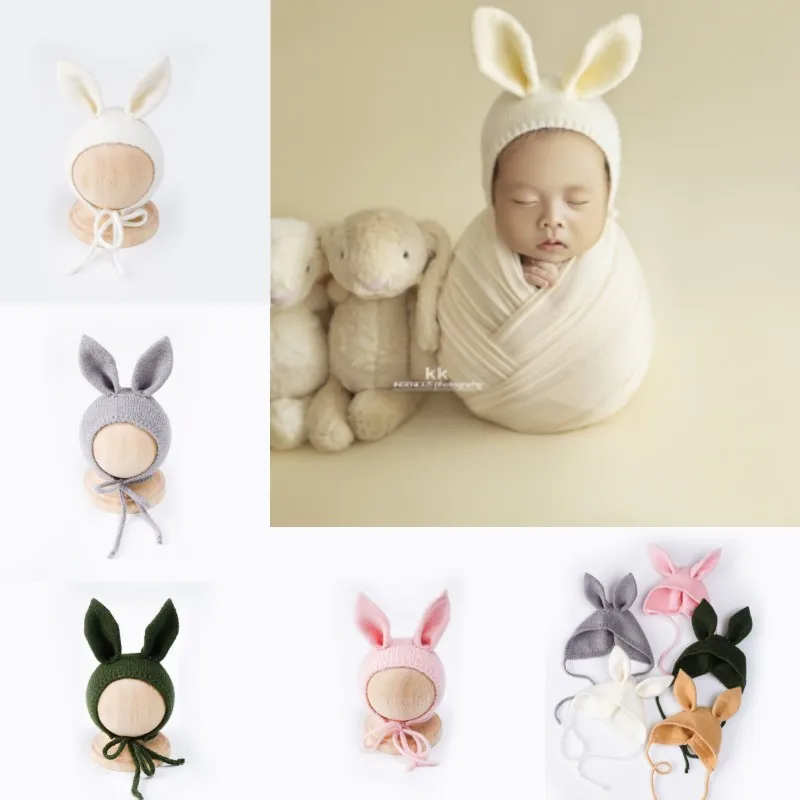 Newborn Photography Props Cute Knitted Rabbit Hat 0-2 Months Old Baby Photo Accessories Studio Infant Shoot Ear Cap Fotografia klv baby knitted hair ball hat newborn photography props hat cute crochet knitted infant beanie cap photo shooting baby bonnet