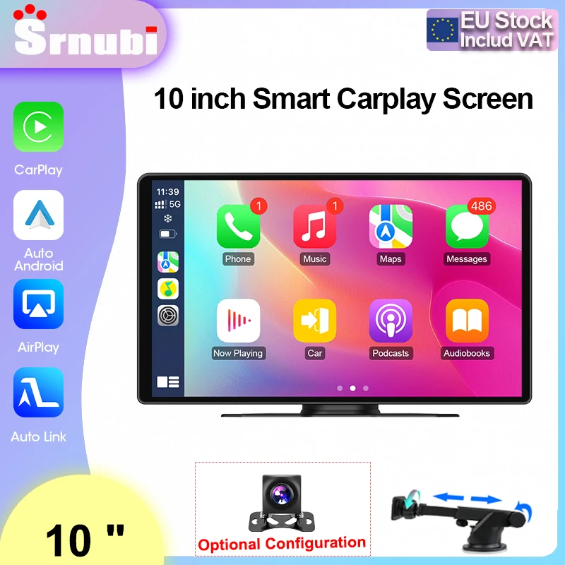 Srnubi – écran intelligent Portable sans fil Carplay de 10 pouces, lecteur vidéo multimédia, autoradio Android pour Apple Android, stéréo AUX/FM 1