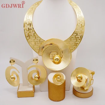 Fashion For Woman Big Necklace Irregular Pendant Bracelet Earring Ring  Jewelry Set Italy Gold Color Plated Jewellery Party Gift