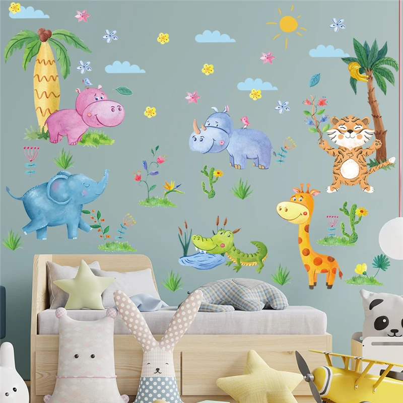 

Наклейки на стену с мультяшными африканскими животными для украшения дома, слон, тигр, жираф, роспись, искусство «сделай сам», наклейки для детской комнаты, плакат из ПВХ