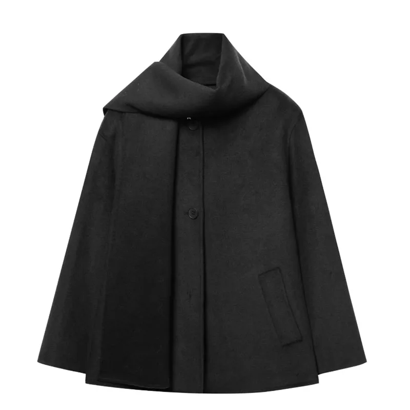 Women's Spring Winter Scarf Collar Jacket Warm Long Sleeve Blended Coat Loose Elegant New Outerwear Fashion High Street Coats ﻿