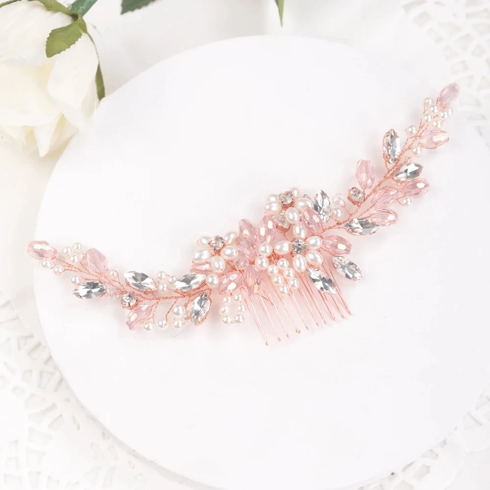 Pink Crystal Rhinestones Hair Comb Pink Wedding Head Jewelry Bridal Hair Accessories Women Tiara Handmade Ornament Headpiece