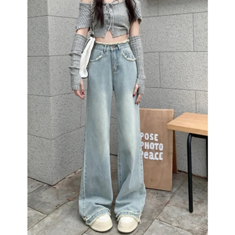 여성용 레트로 프린지 디자인 청바지, 하이웨이스트 슬림핏 스트레이트 레그 팬츠, 연한 색 미니멀리스트 와이드 레그 팬츠, 용수철 신상