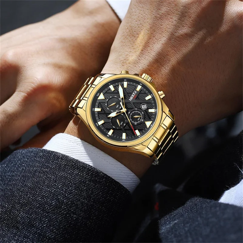 NIBOSI Mens Quartz Watches Top Brand Luxury Stainless Steel Waterproof Calendar Chronograph Wristwatch Man Relogio Masculino
