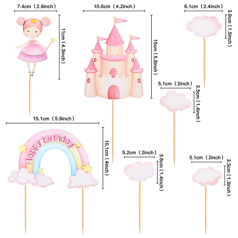 Cake Topper Cake Decoration Rainbow Cloud Castle Cake Topper Toppers Bowknot Cake Flags Kids Boys Happy Birthday Party Baking Dessert DIY Decor New