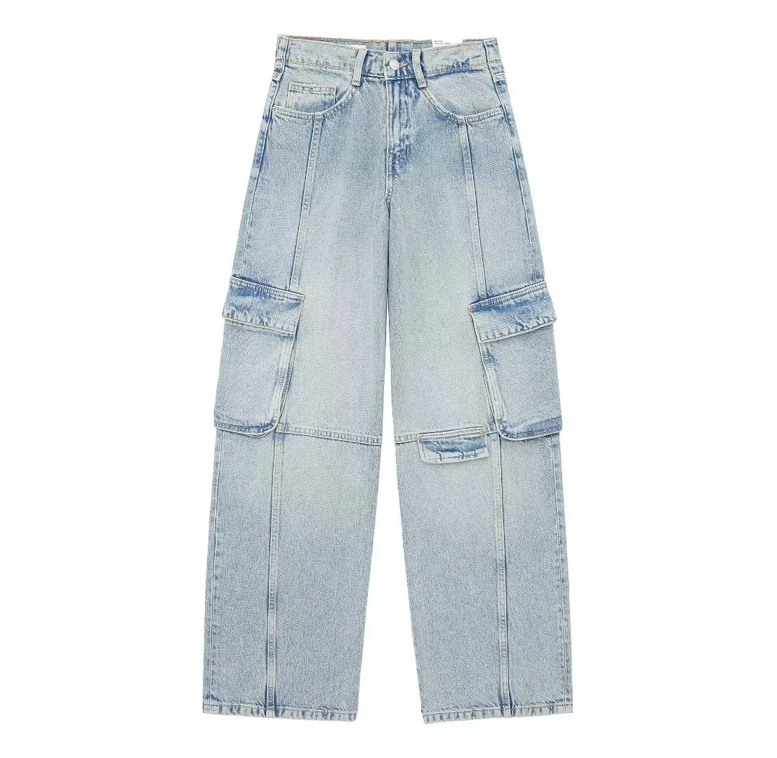 

Women's 2024 New Fashion Flip Pocket Decoration Casual Loose Cargo Jeans Retro Mid Waist Zipper Women's Denim Pants Mujer