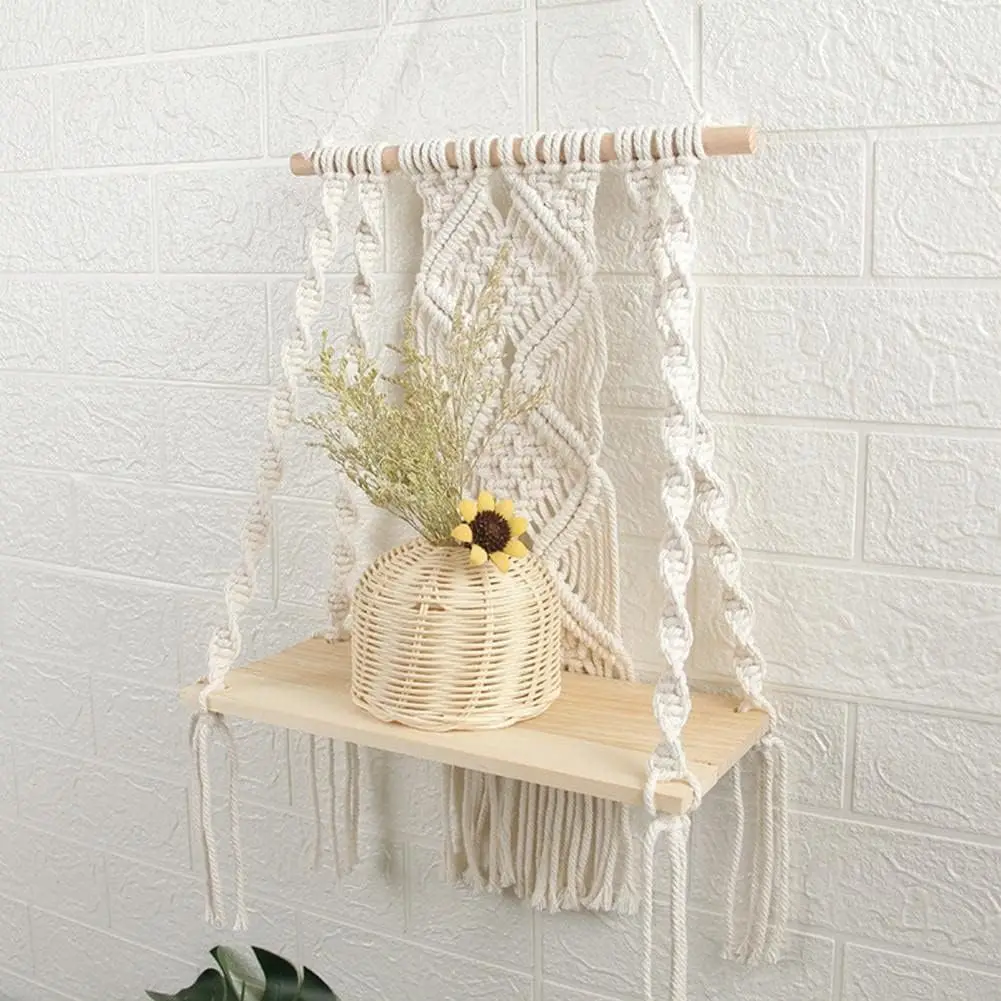 Boho Chic Macrame Wall Hanging Shelf - Woven Rope Plant Hanger for Stylish Decor & Versatile Storage