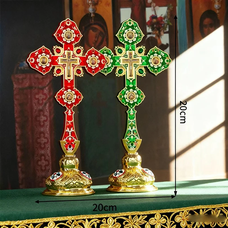 Luxuriöses Orthodoxes Christliches Geschenk: Vergoldetes Grünes Cloisonné Stehendes Kreuz, Kirchenqualität Altar-Kruzifix für Spirituelle Heimdekoration – Detail 12