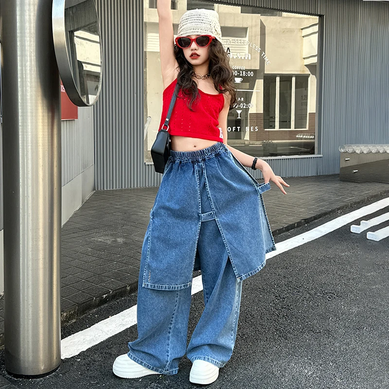 여아용 루즈 블루 팬츠 얇은 데님 바지 여름 패션 여아용 팬츠 키즈 패치워크 청바지 독특한 힙 커튼 스트리트웨어