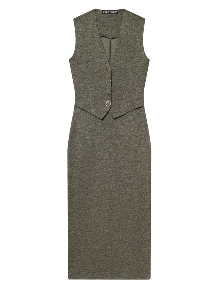 Women's Dress Vest Style Splice Long Dresses Spring Summer 2026 Button Sleeveless V neck Midi Dress Street Casual Dresses