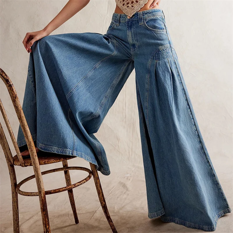 

Women's jeans New Summer 2024 Vintage washed high waist Women's pants patchwork flared pants Pure cotton wide leg pants Trousers