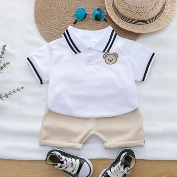 Summer cartoon bear embroidered POLO shirt and shorts set for infants and young children 1
