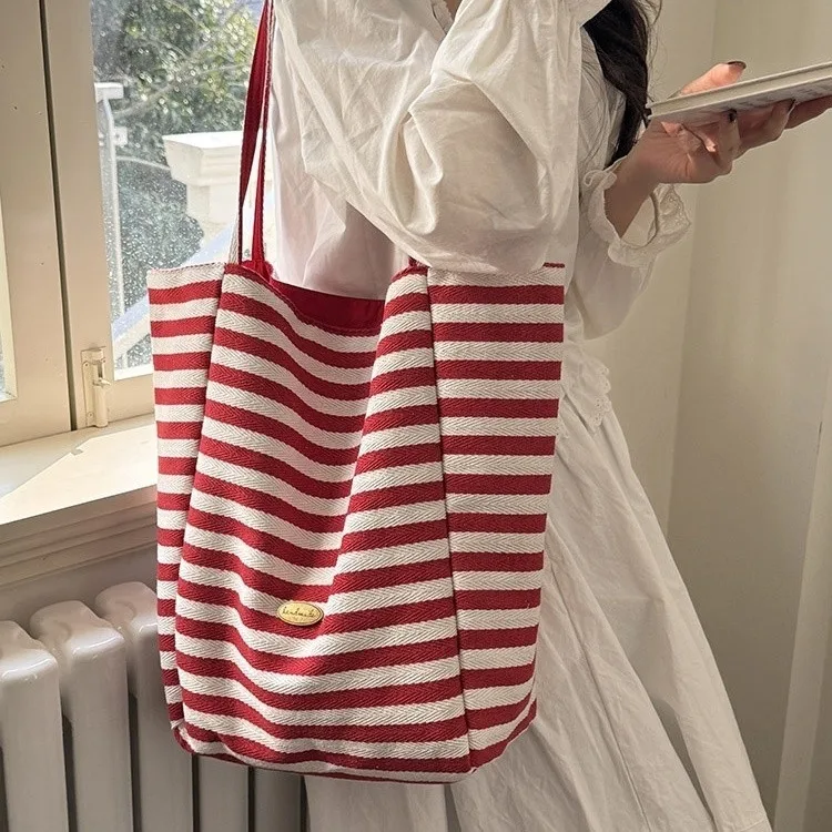 JIAERDI Retro Red Striped Canvas Bag For Women 2025 New Trendy Large Capacity Tote Bag Purse Ladies Vintage Shopping Handbag New