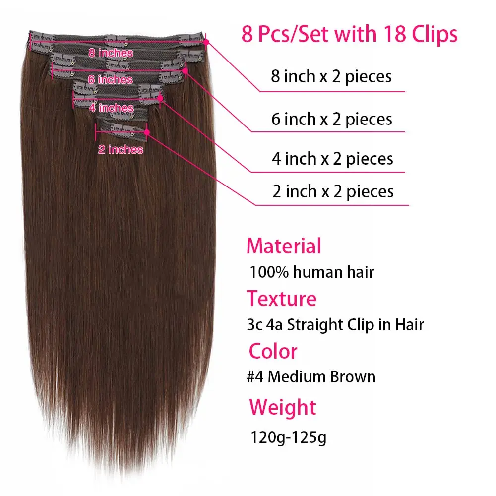 Extensões reais do cabelo humano para mulheres, grampo em extensões do cabelo, trama dobro, cabelo castanho, grampo Ins, 8 PCes, #4