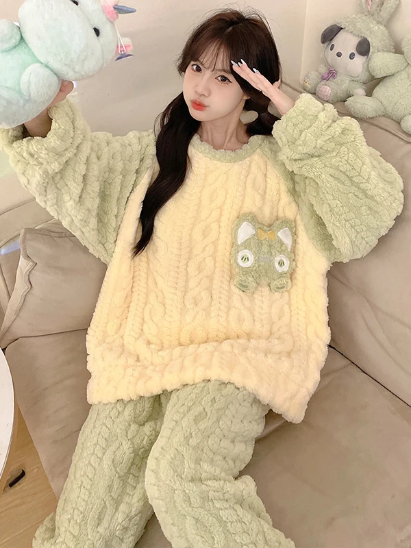 어린이 산호 양털 잠옷 두꺼운 플란넬 홈웨어 세트 가을 겨울 아동용 잠옷 부드..