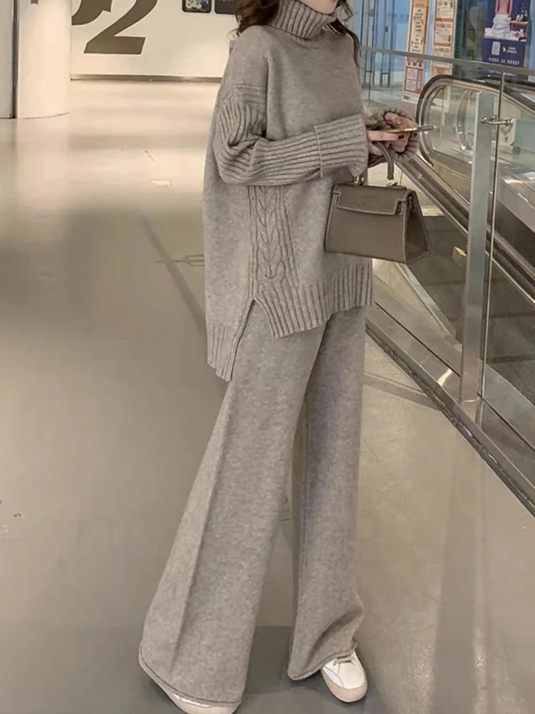 

Winter New Sweater Set Warm suit for Women Winter Knitted Suits 2 Piece Set Turtleneck Sweater + Loose Trousers Office Lady Suit