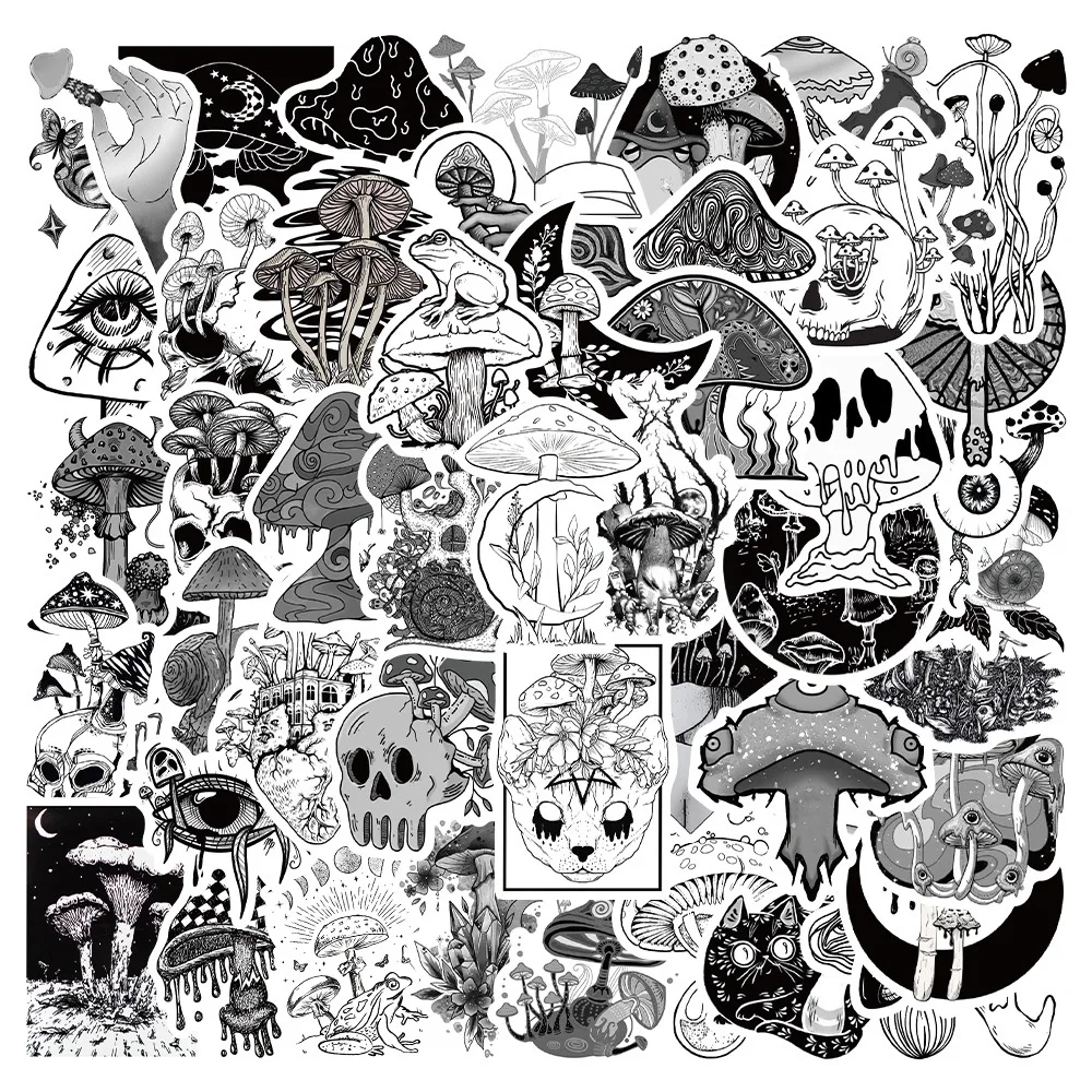 10/30/50PCS Black and white horror mushroom Stickers DIY Travel Skateboard Suitcase Guitar Luggage Laptop Funny Cute Sticker