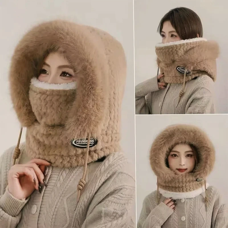 Winter Riding Hat for Women Hood Scarf Mask and Ear Cover Thick Thermal Windproof for Electric Scooter Outdoor Cycling Warmth