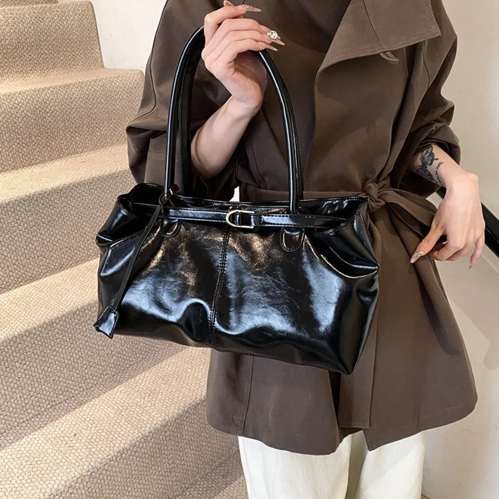 Fashion Oil PU Leather Handbag Large Capacity Casual Shoulder Bag Multifunctional Underarm Bag Work Shopping Travel