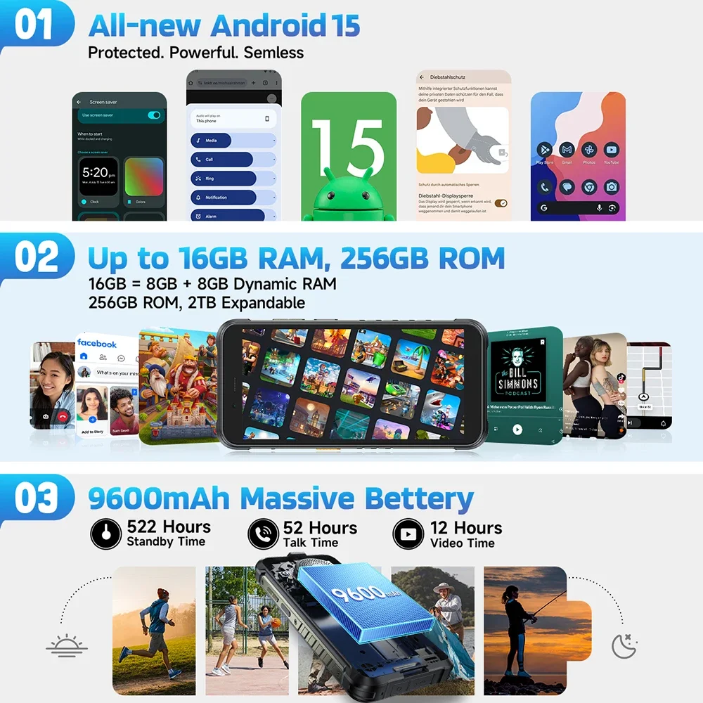 Global Version Ulefone RugKing 4G Rugged Phone 5.99" 8GB 256GB Mobile Phone 9600mAh 50MP Main Camera Smartphone Android 15 NFC