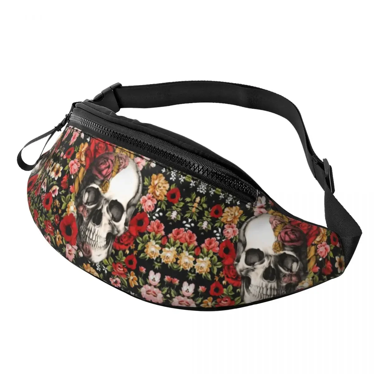 

Bloom Floral Skull With Roses Fanny Bag Customized Sugar Skull Crossbody Waist Pack Men Women Traveling Phone Money Pouch