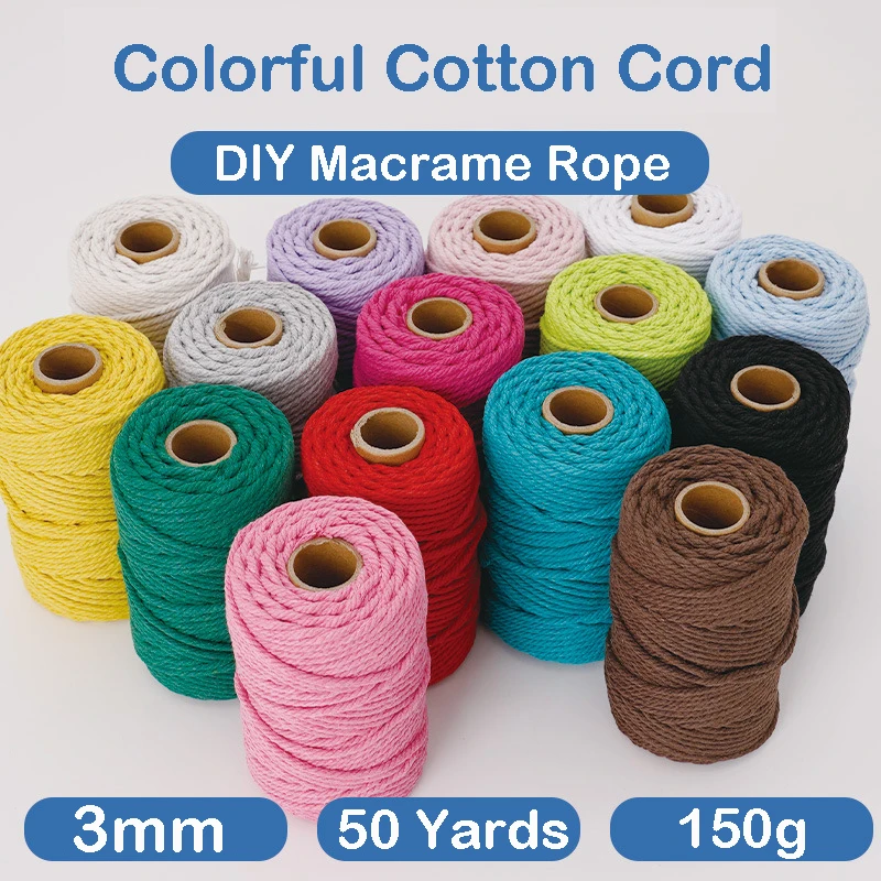 Cotton Rope 15 Colors 3mm 50 Yard Cotton Cord Rope for Handmade Boho Decor Cotton Cord Twisted Thread Macrame String DIY Home Wedding