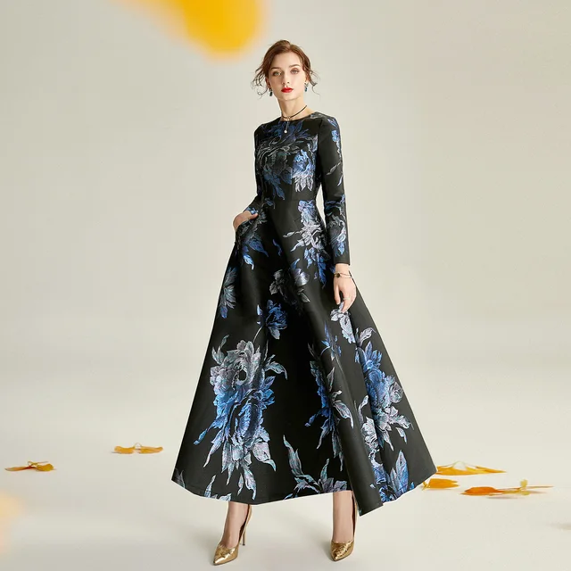نوعية جيدة المرأة الجديدة الجاكار فستان طويل الأكمام ماكسي سليم أنيق بوهو الأزهار ملابس عصرية خمر السيدات حفلة الخريف