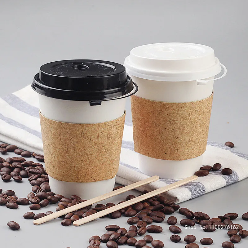

50pcs High Quality White Disposable Coffee Cups Cold Hot Drink Tea Takeaway Packaging Paper Cup with Lid and Kraft Paper Sleeve