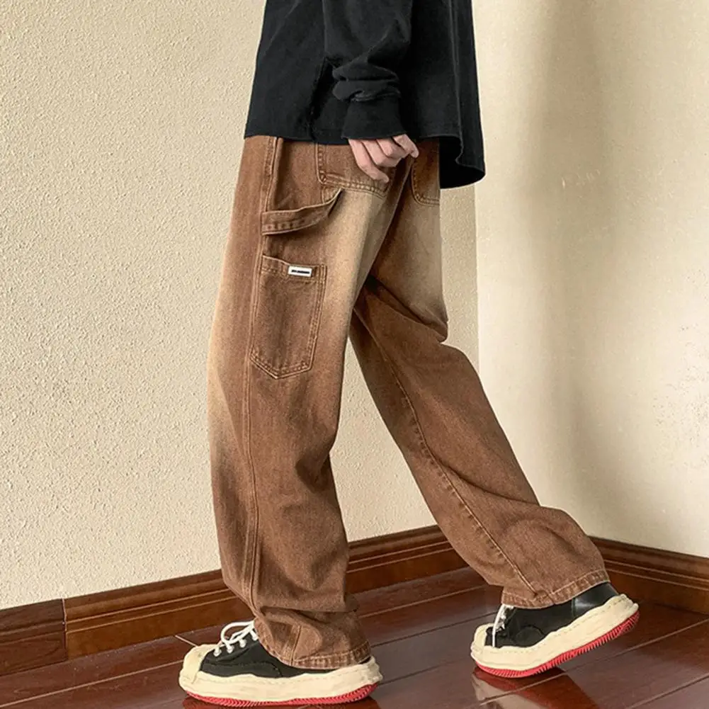 

Flattering Straight-leg Jeans Men Straight-legged Jeans Men's Summer Cargo Denim Pants with Drawstring Waist Multi Pockets