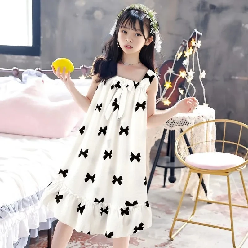 

Sweet Cute Bow-knot Print Children's Suspender Nightdress Summer Thin Girls Nightdress Loose Home Clothes Suspender Skirt