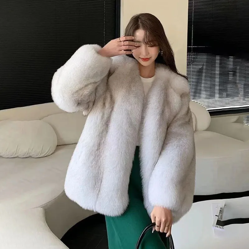 

Faux Fox Fur Jacket Women's Short Overcoat Fashion Loose Mid-Length Thicke Warm Parker coat 2023 New Winter Mao Mao Fur Coat