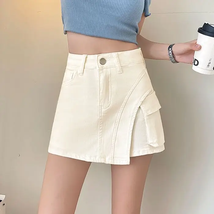 Mini Skirt Solid Color High Waist Pockets Spring Summer Retro Women Slim Irregular A-Line Work Short Skirt Casual Fashion Simple