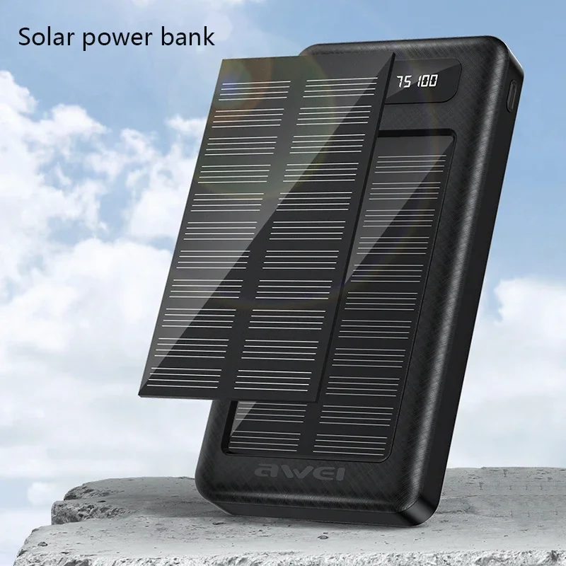 Awei P129K Portable Solar Power Bank 10000mAh With 3 in 1 Cable Fast Charge External Battery Powerbank Solar Charger for Phone