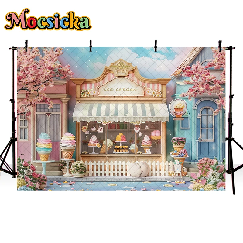 Mocsicka Photography Background Summer Ice Cream Shop Cone Floral Decor Cake Smash Kids Birthday Party Backdrop Photo Studio