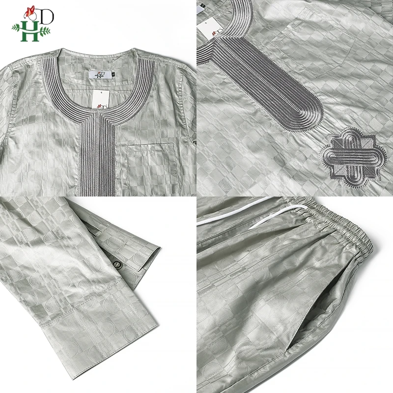 H&D African Clothes for Men Dashiki Top Pant 2 Pieces Outfit Set Riche Grey Embroidery Shirt Trouser Rich Bazin Original Muslim african dress,african men set