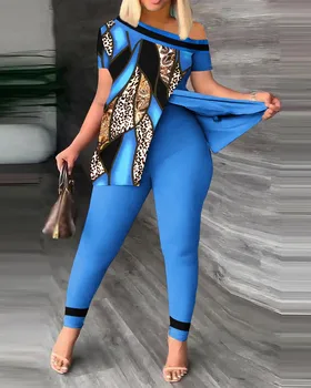 Elegant Women Two Piece Set Suits New Fashion Printed Ruffle Sleeve Top Solid Color Pants Set With Belt Blouses Female Clothing 1