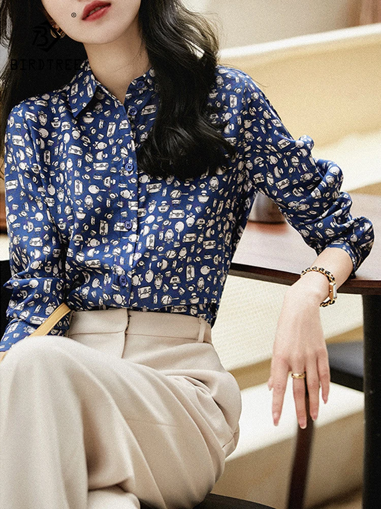 

BirdTree 12MM Real Silk Printed Shirt For Women, Long Sleeve Elegant OL Commute Blouses, 2024 Spring Casual Top, Blue T414110QC