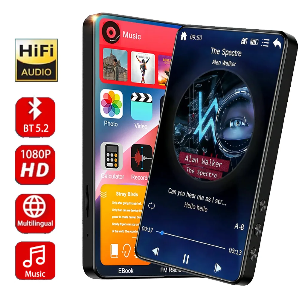 128GB 4인치 HD MP3 플레이어 풀 터치스크린 블루투스 5.2 워크맨 128GB 내장 스피커 음악 플레이어 FM 라디오 녹..