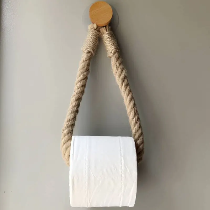 Paper Towel Holder Toilet Paper Holder Tissue Holder 1pc Hemp Rope Tissue Holder Hole Free Wall Hanging Cotton String Hemp Rope Tissue Holder Solid Wood Roll Paper
