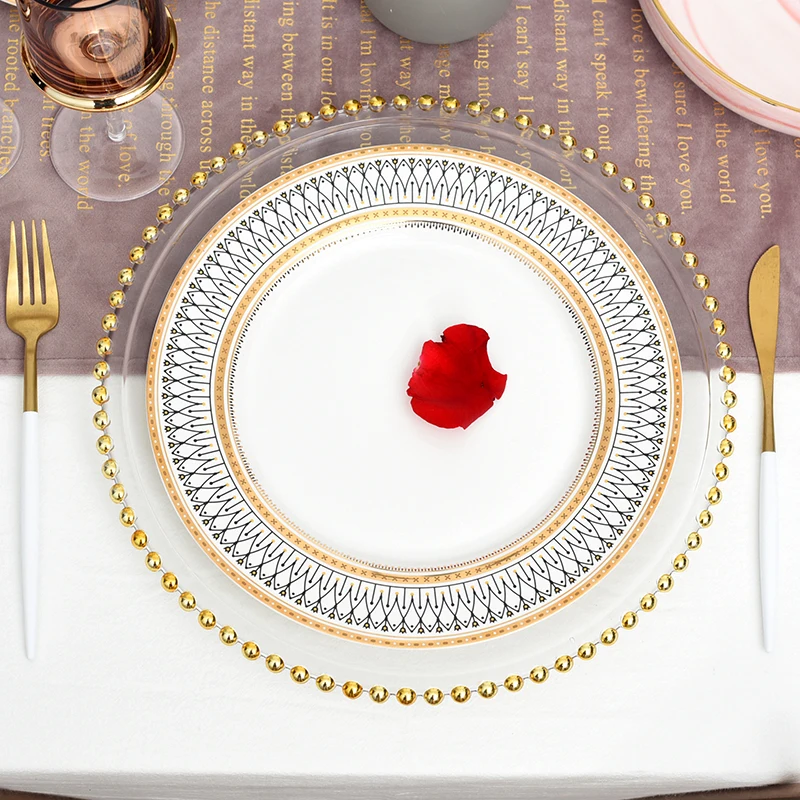 Nordic Gold Bead Glass Charger Plate for Dinner Decorative Salad Fruit Service Plate fruit plate plastic dinner plates For Wedding Party