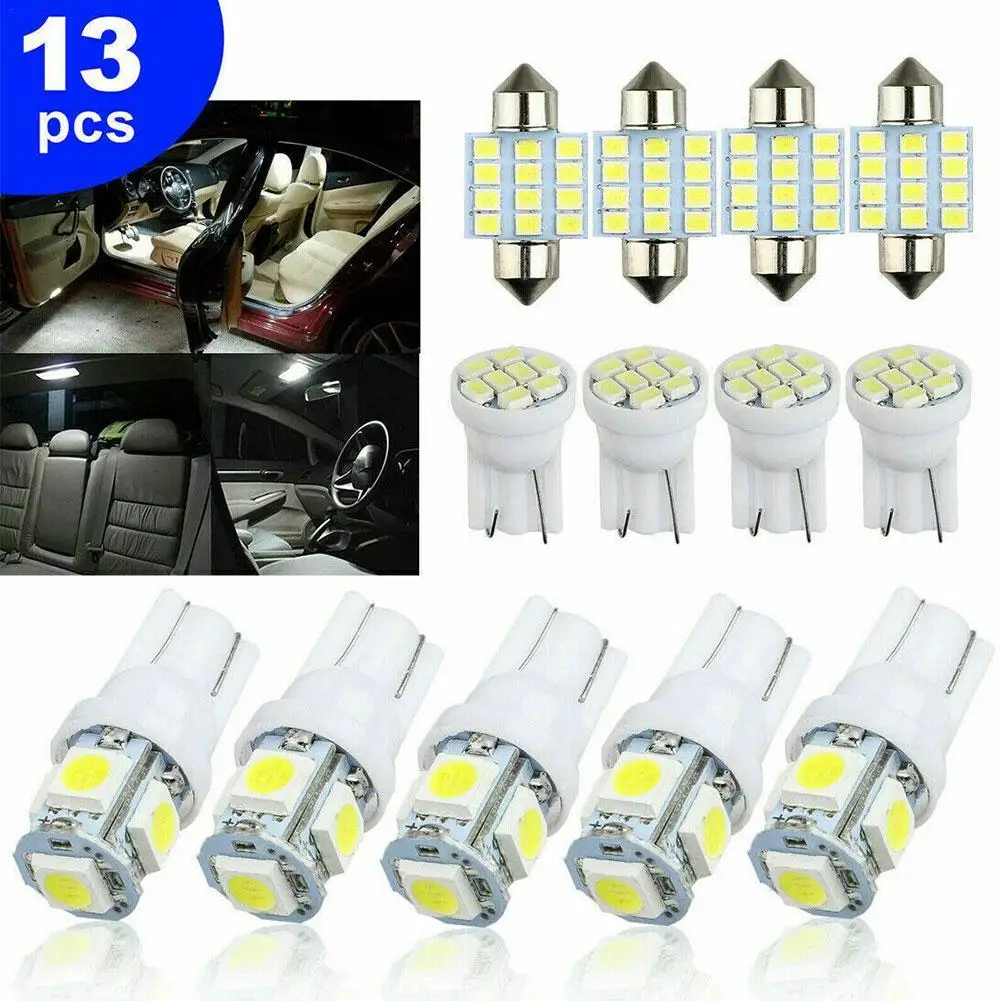 

13pcs/Set Car Interior Parts LED Lights Bulbs Kit Dome License Plate Lamp Bulb T10 5SMD LEDs T10 8SMD Flat Top 31mm 12SMD LEDs