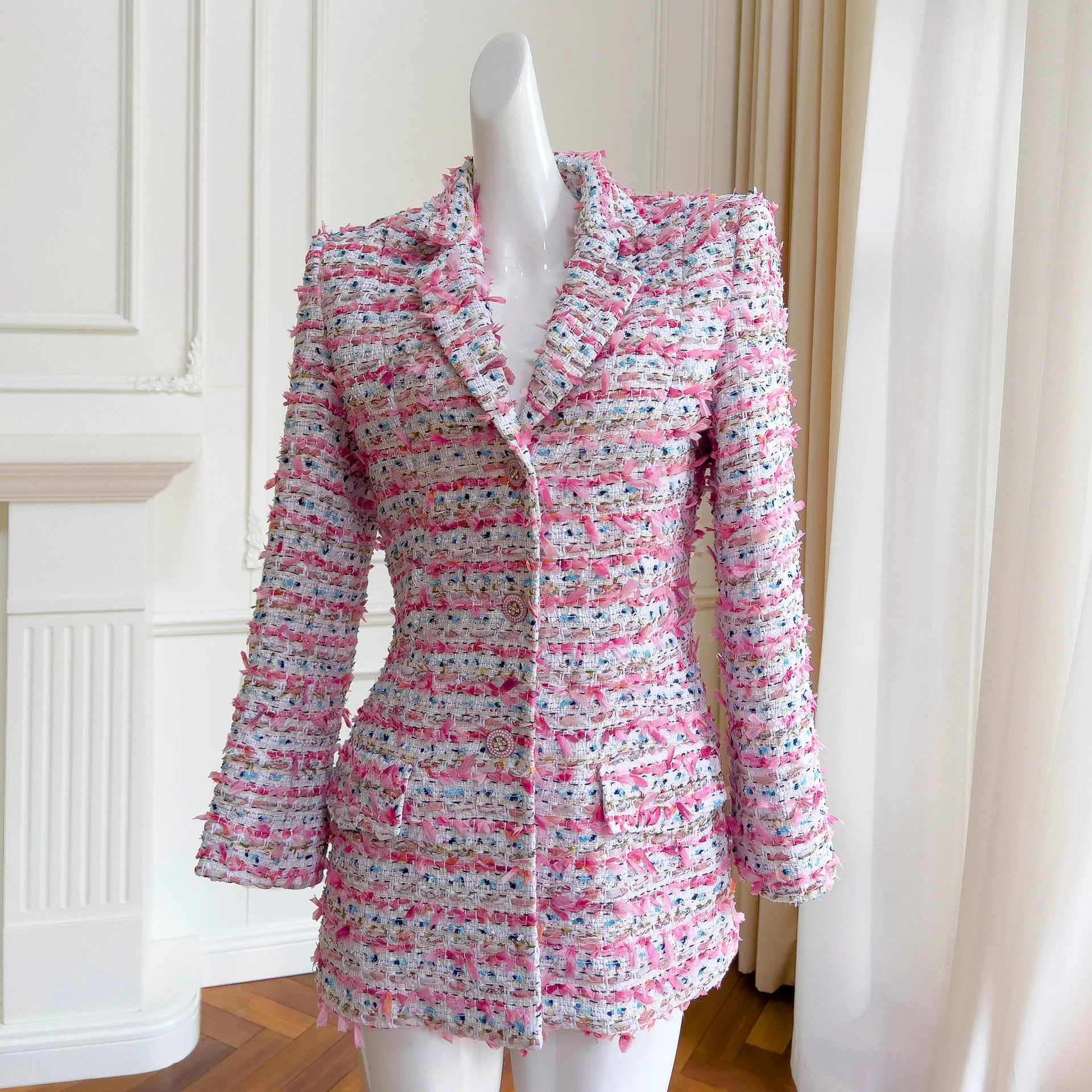 Fashion Pink Long Sleeve Lapel Women's Coat 2023 Autumn Winter French Style Tweed Single-Breasted Stitching Slimmimg Overcoat