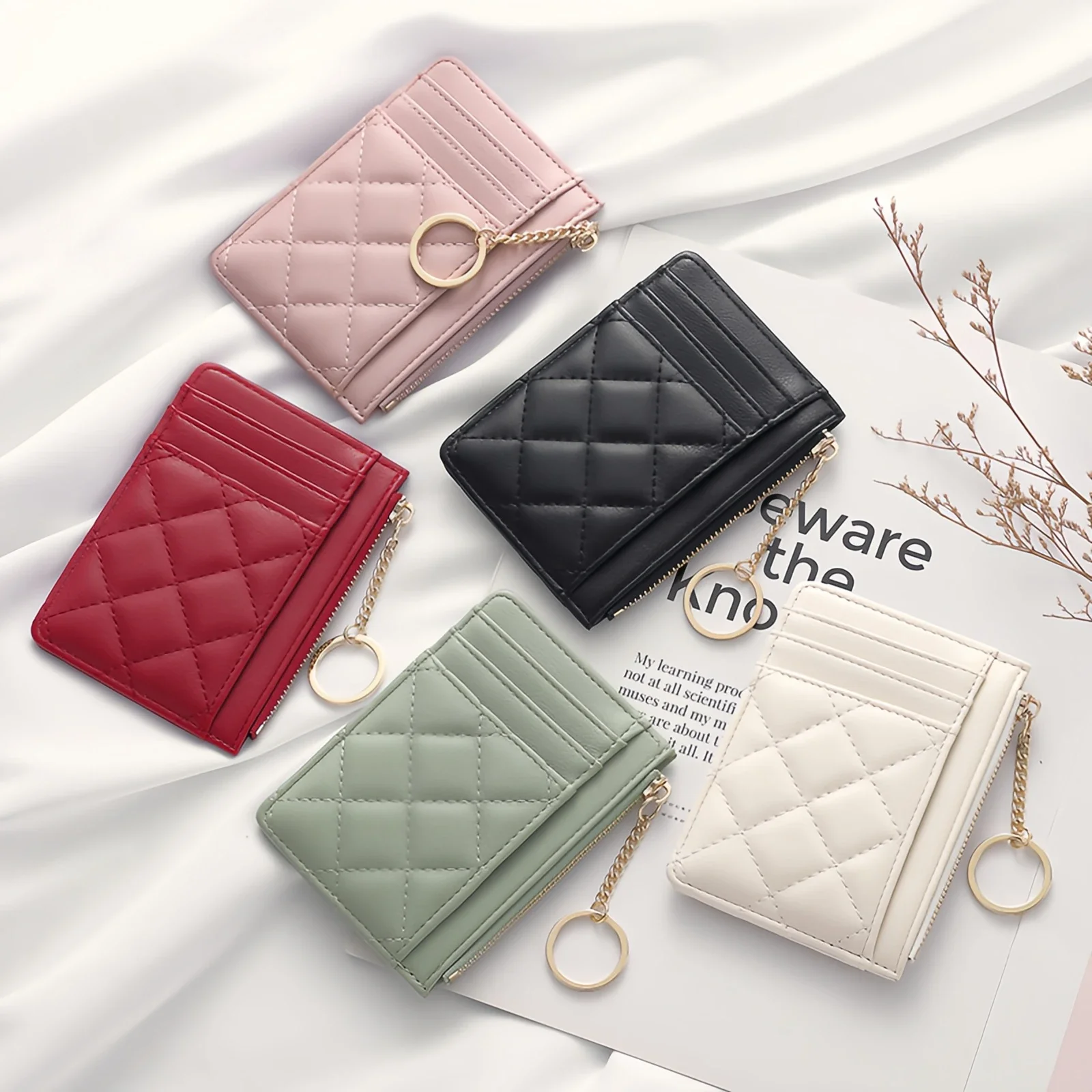 Quilted minimalist ringui mini wallet - ID bag with multiple card slots and ID holder, zipped coin purse, faux leather-tan