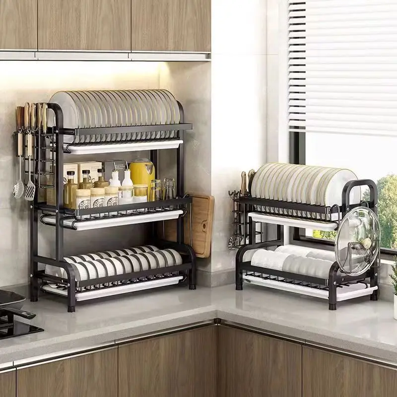 2/3-Tier Carbon Steel Dish Rack with Utensil Holder Compact Rustproof Kitchen dishes dryer Countertop Organizer & Drying Drainer 3
