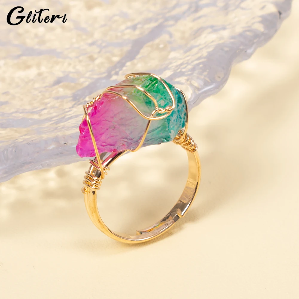 

GEITERI 2023 New Irregular Natural Crystal Rings For Women Girls Colorful Stones Adjustable Finger Ring Trendy Jewelry Female