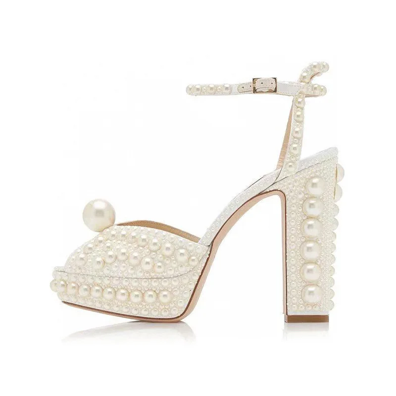 

Sexy Pearl Decoration Woman Square High Heel Sandals Shoes Peep Toe Buckle Female Graceful Summer White Party Wedding Shoes