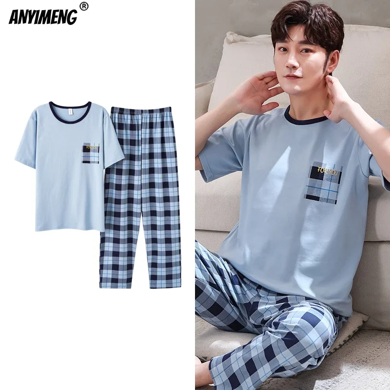 

Mens Pajamas Summer New Knitted Cotton Pjs Leisure Sleepwear for Men O-neck Short Sleeved Long Pants Pijamas Set for Gentleman